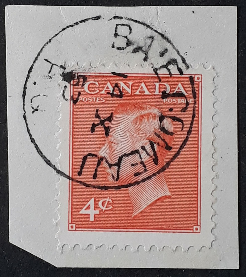 1953 Canada 4c Vermillion KGVI stamp. BAIE COMEAU P.Q. Postmark.
