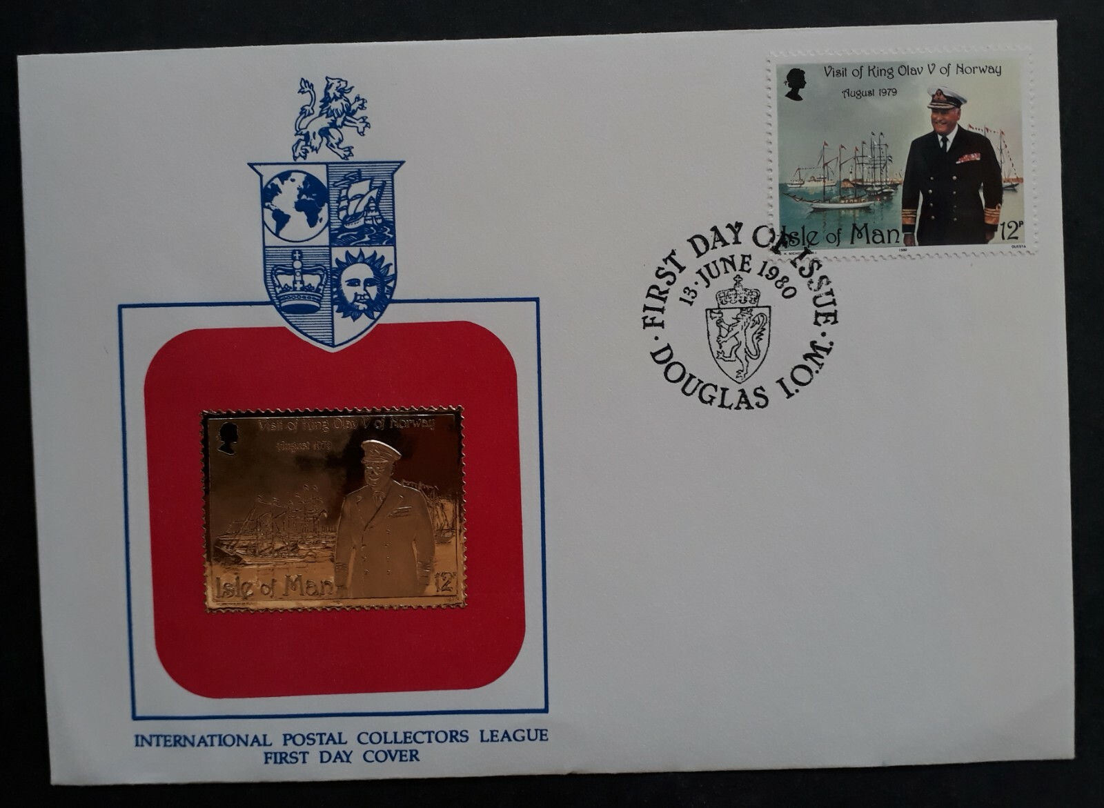 1980 Isle of Man King Olav V Visit FDC cd Douglas IOM w Gold Plated Stamp