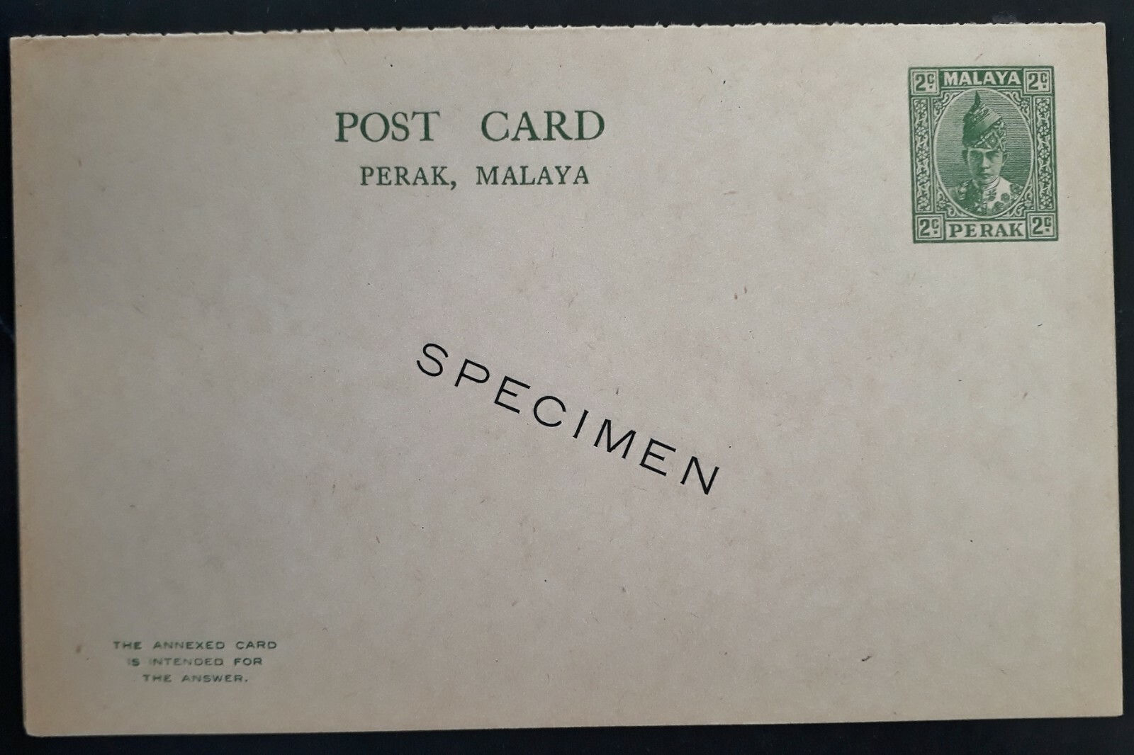 1938 2c+2c Green on Buff PERAK,MALAYA POST&REPLY CARD - SPECIMEN Overprint Mint