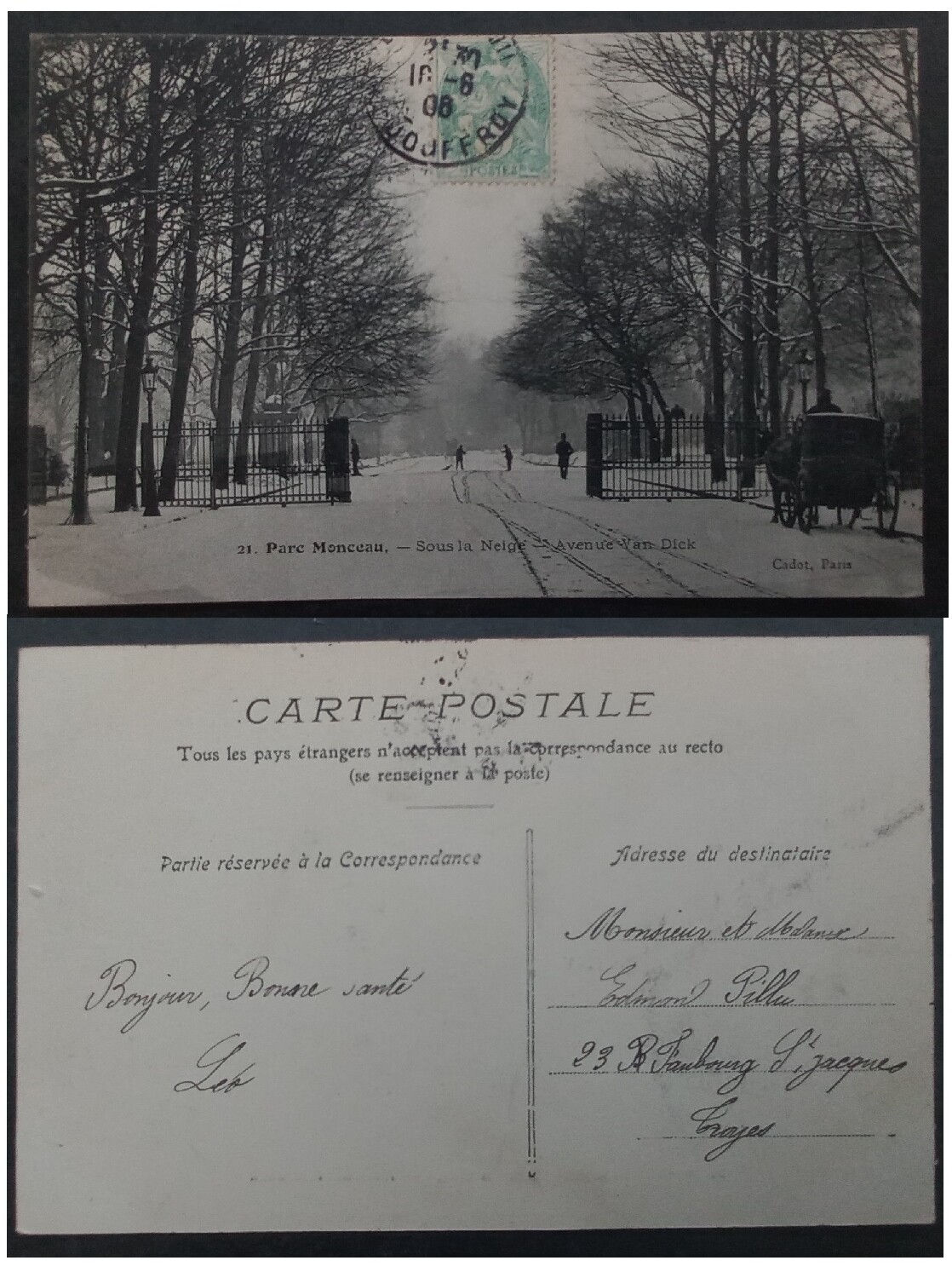 1908 France Postcard-Parc Monceau, Under the Snow 5c Stamp cd Jouffroy