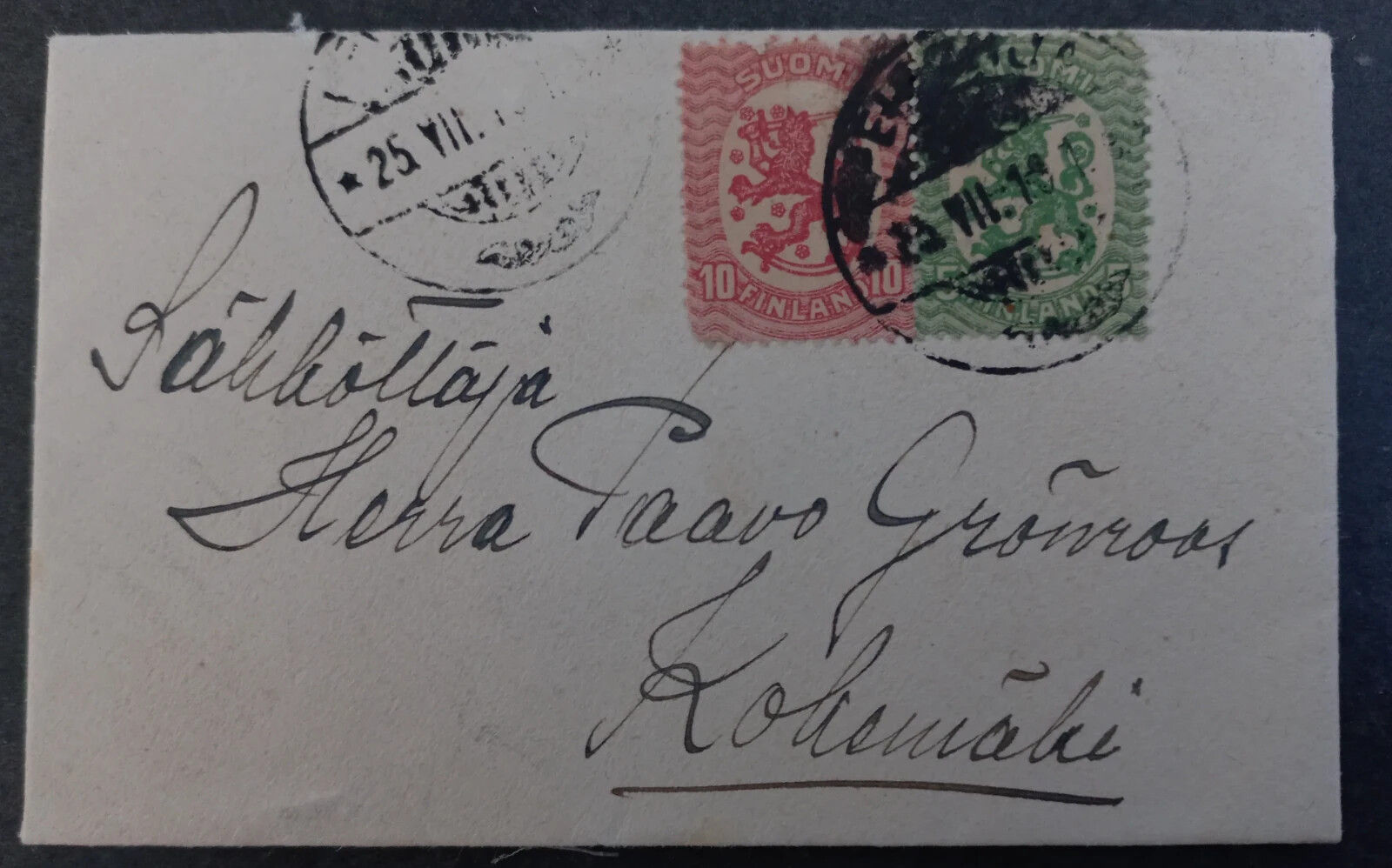 SCARCE 1919 Finland Cover ties 2 Coat of Arms stamps to Kokemaki