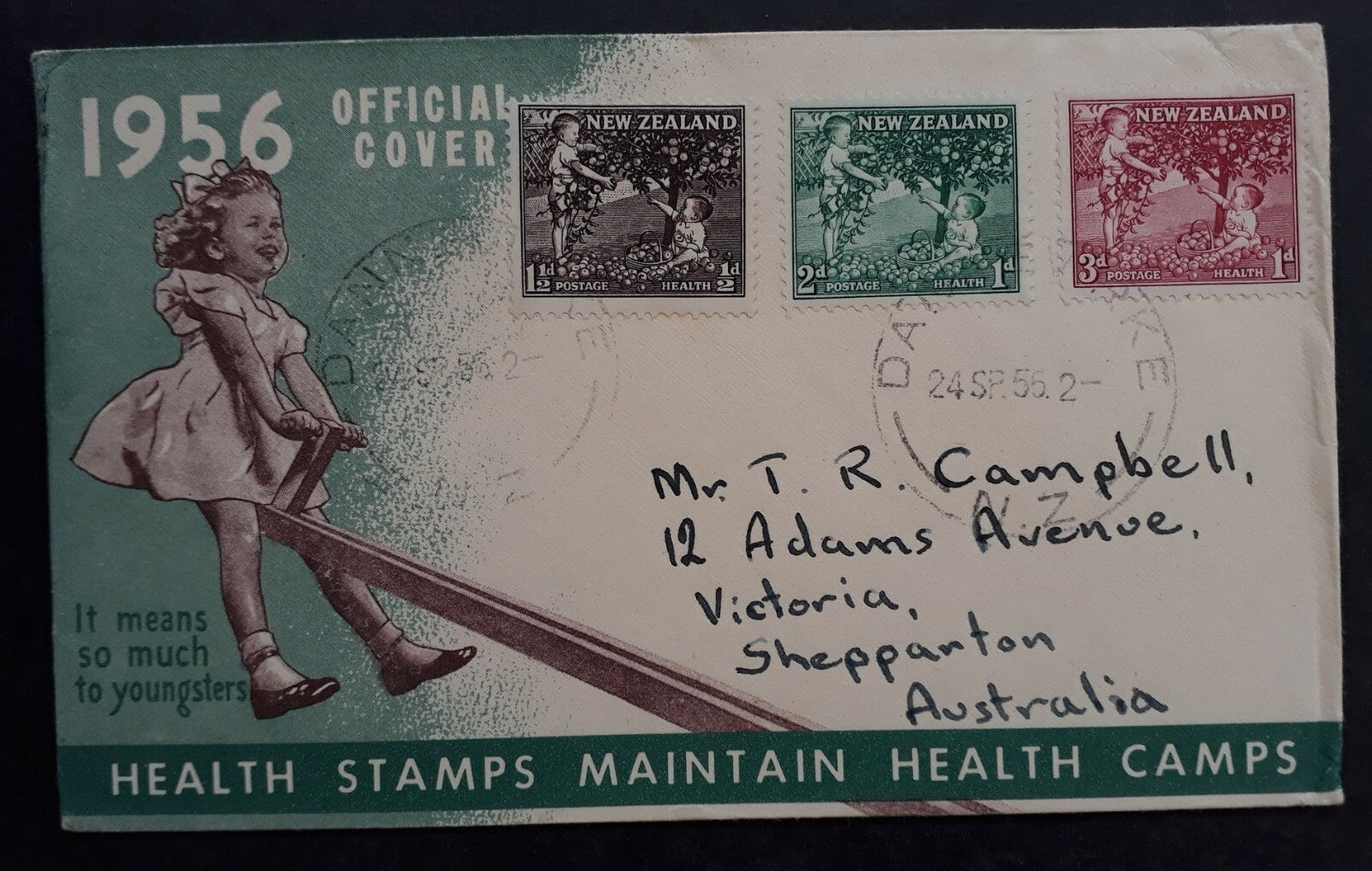 1956 New Zealand Health Stamps FDC ties 3 stamps cancelled Dannevirke