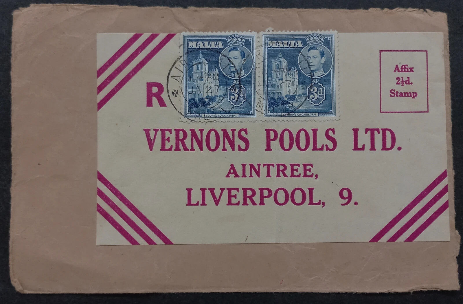 SCARCE 1947 Malta Cover ties 2 stamps with Air Mail Malta cds to UK