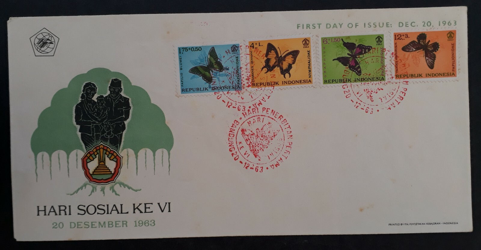 1963 Indonesia Butterflies Surcharged FDC ties 4 Stamps cd Bandung