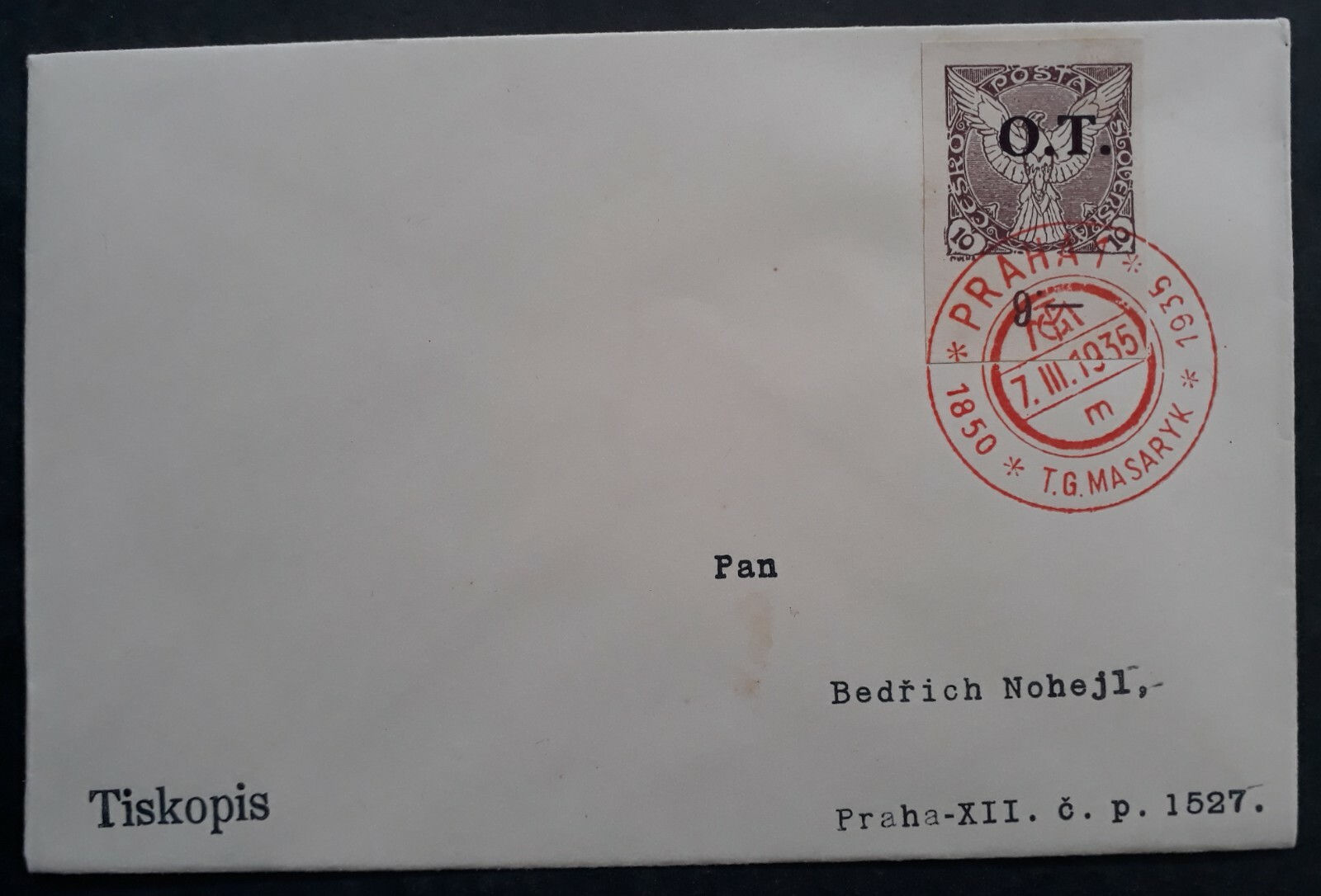 1935 Czechoslovakia Cover ties 10H Stamp cd Prague to Bedrich, Prague