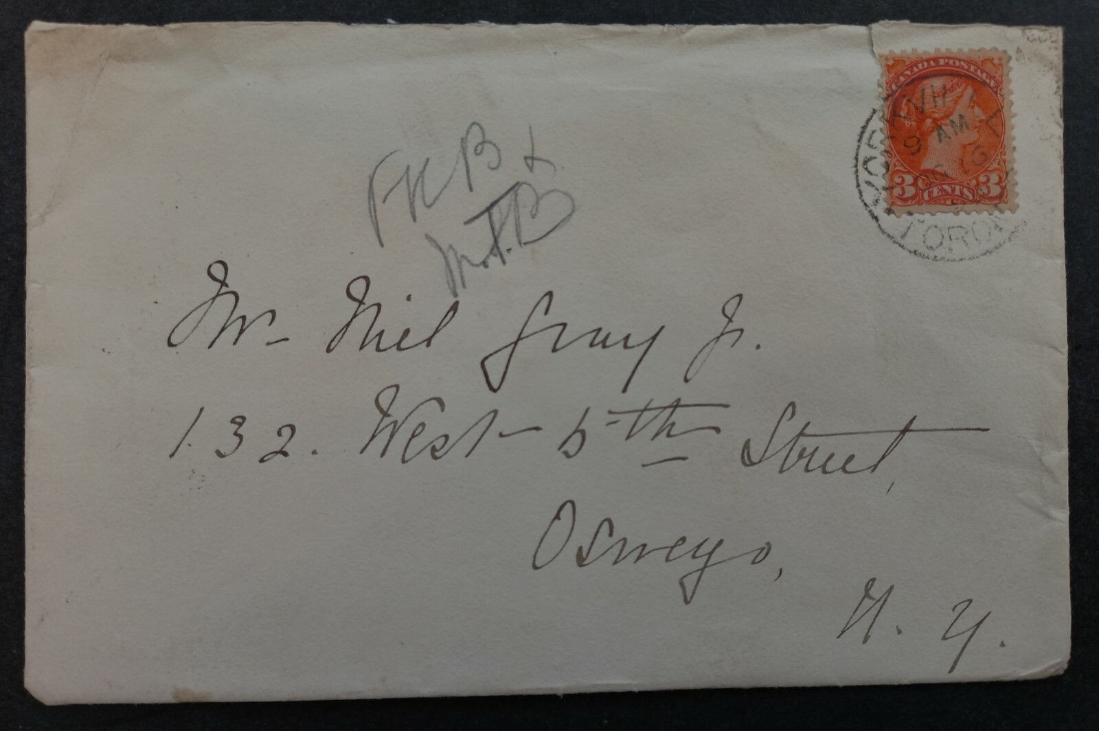 1896 Canada Cover ties 3c stamp cd Yorkville, Toronto-Oswego, NY