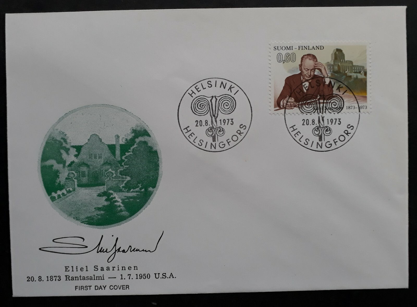 1973 Finland Eliel Saarinen 100th Anniv FDC ties 0.60Mk stamp cd Helsinki