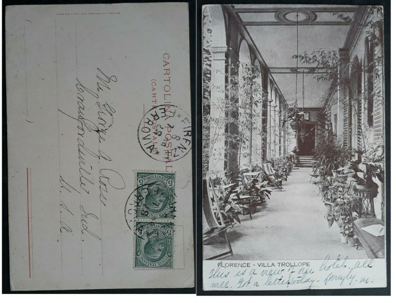 1928 Italy Postcard-Florence-Villa Trollope ties 2 stamps cd Firenze