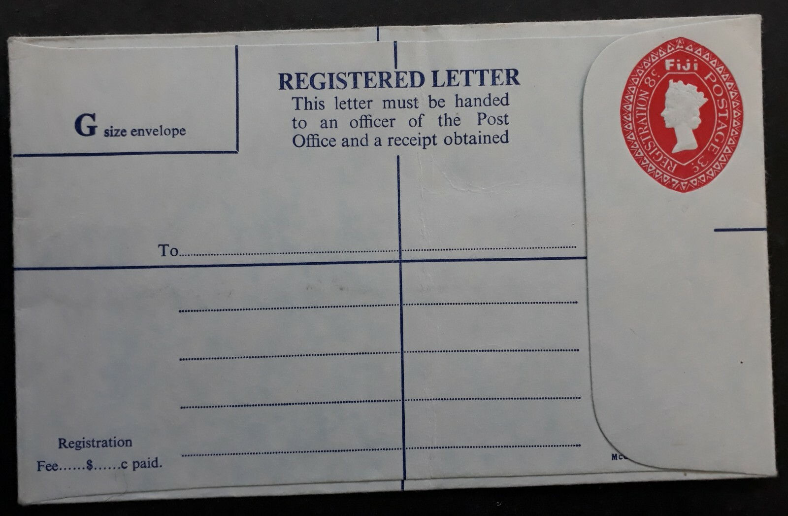 Undated Fiji 10c Red QV Stamped Blue Paper Registered Letter Unused