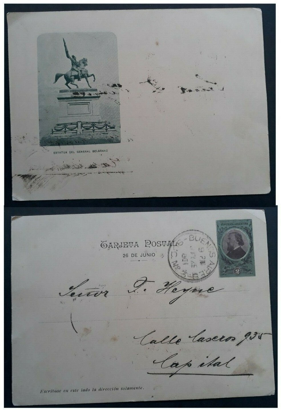 1901 Argentina 2c Stamped Postcard-Belgrano Statue cd Buenos Aires
