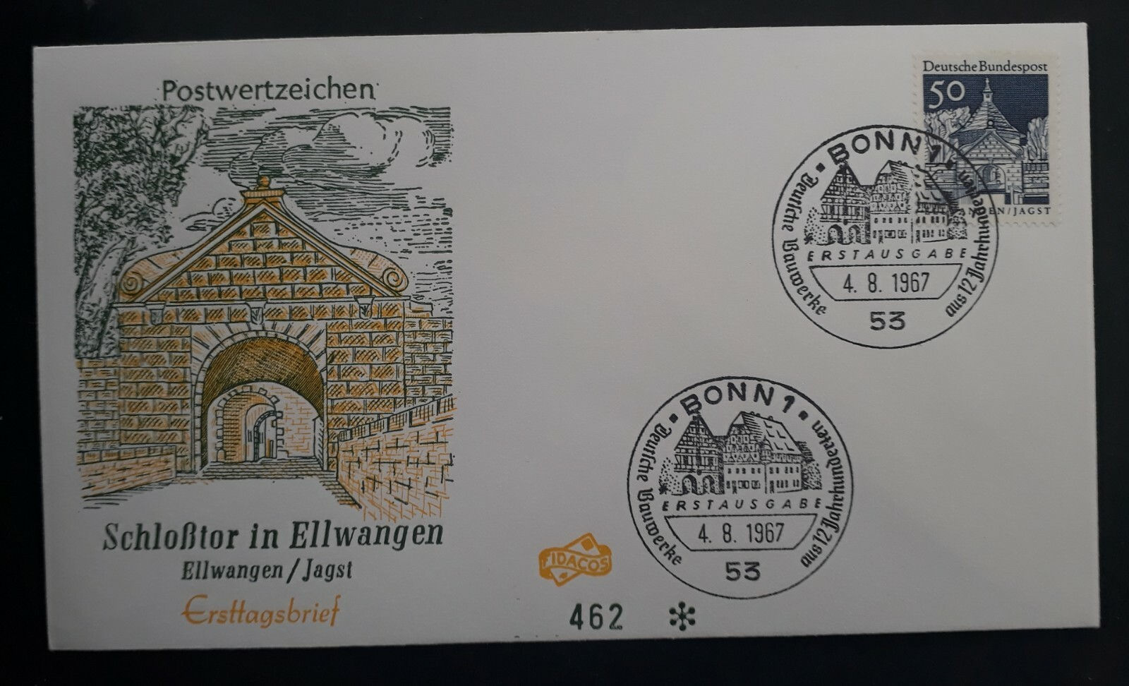 1967 Germany (Federal Rep) Ellwangen Castle Gate FDC ties 50 Pfg stamp Bonn