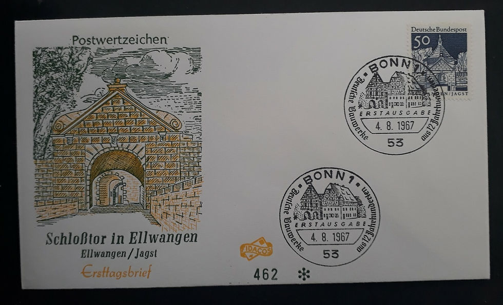 1967 Germany (Federal Rep) Ellwangen Castle Gate FDC ties 50 Pfg stamp Bonn