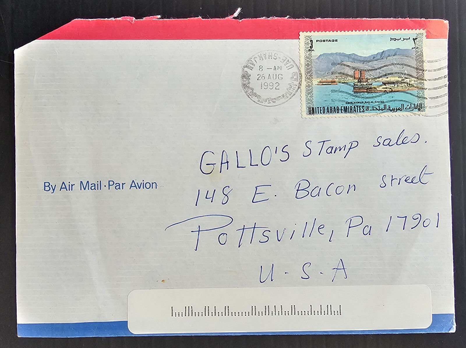 1992 United Arab Emirates Cover ties 3Dh stamp cd Sharjah-Pottsville