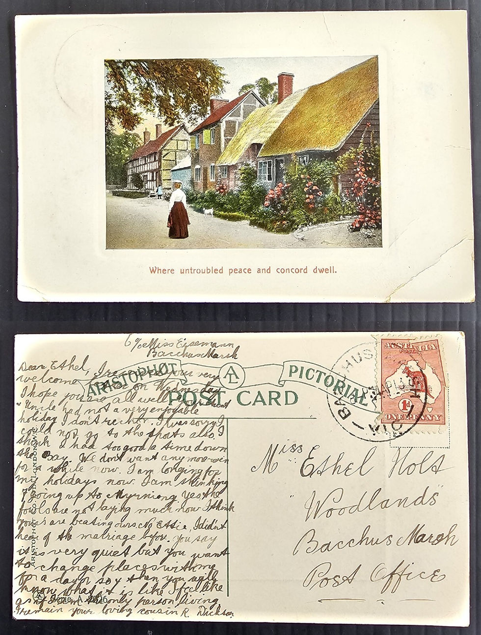 1913 Australia Postcard - Where untroubled peace and concord dwell Scene used