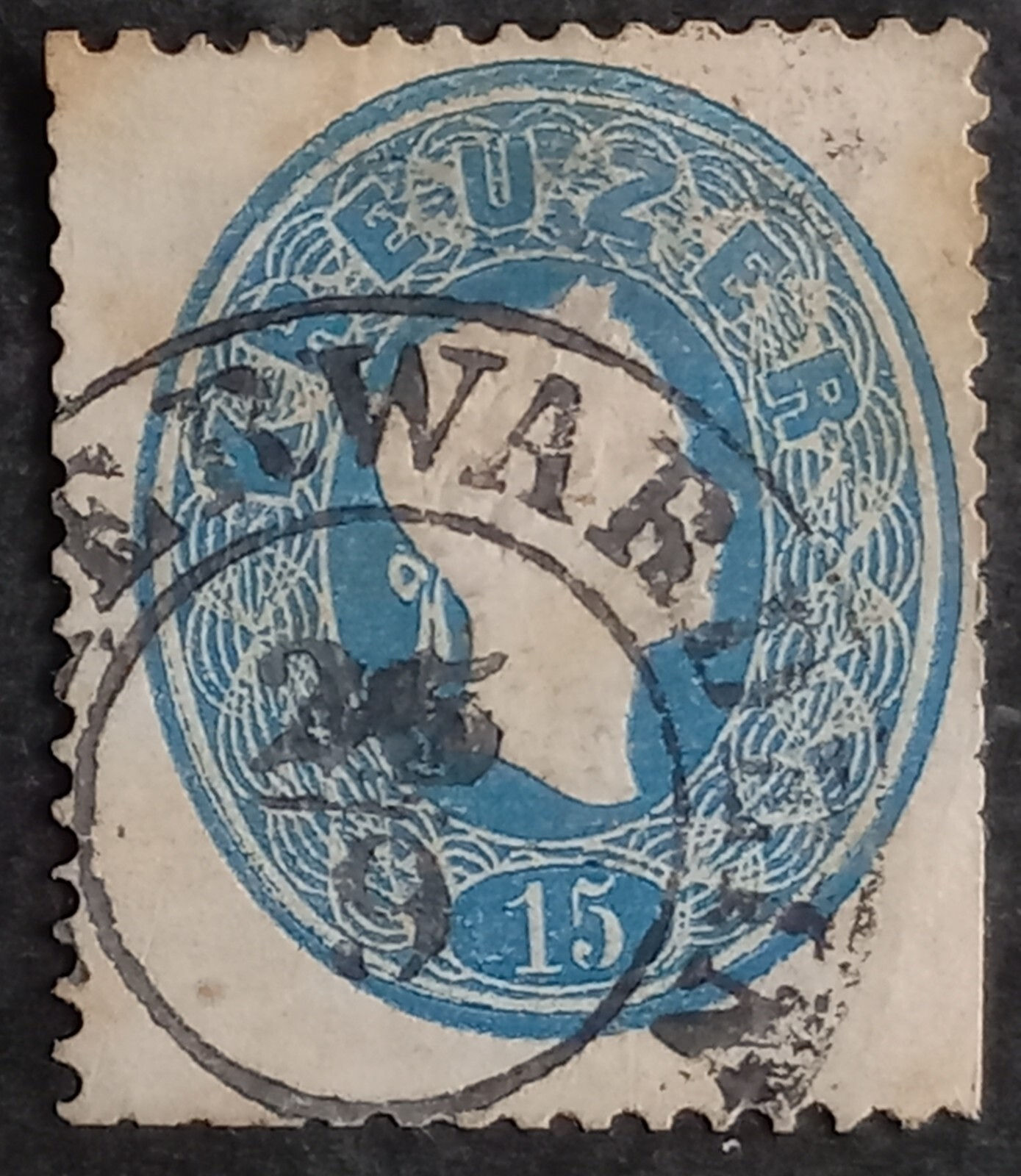 c.1860 Austria-Hungary 15Kr blue Franz Josef stamp PETERWARDEIN cds