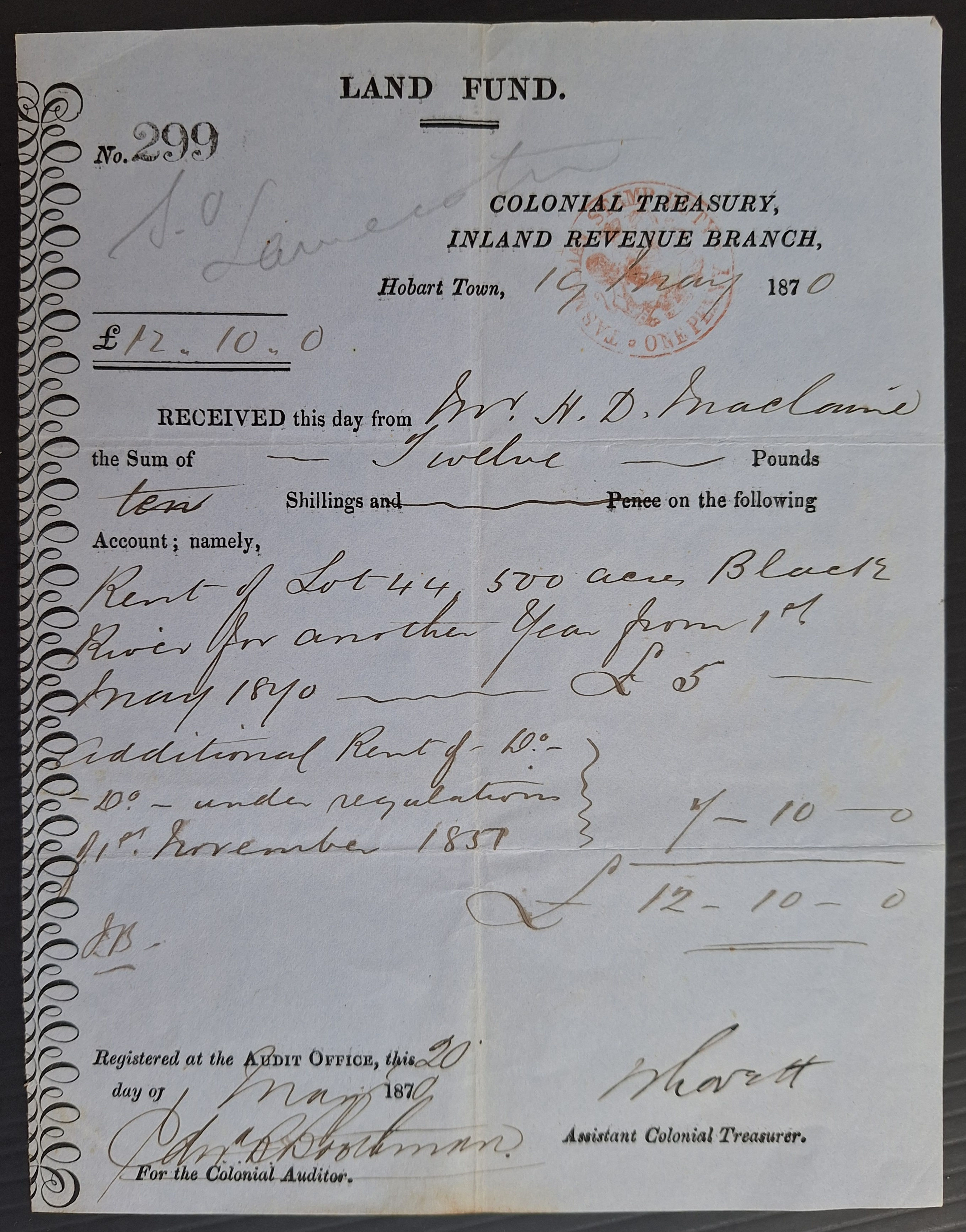 1870 Tasmania Australia Colonial Treasury Inland Rev. Branch Land Fund receipt