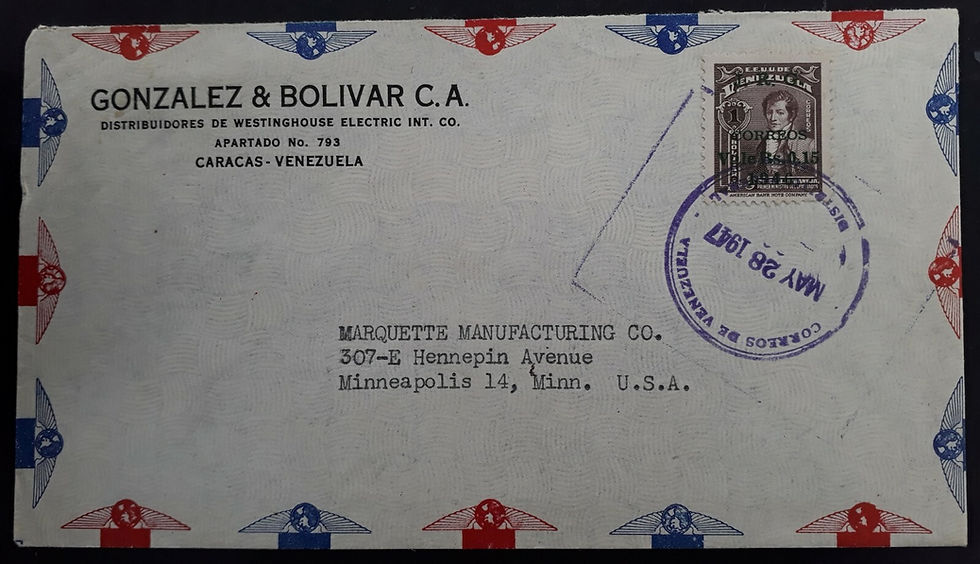 1947 Venezuela Airmail Cover ties 1B stamp cancelled Caracas to USA