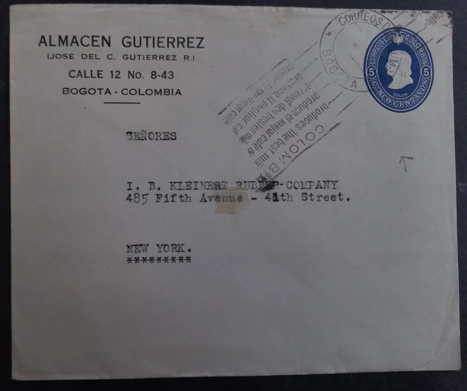 Undated Colombia 5c blue Stamped Cover cancelled Bogota to New York