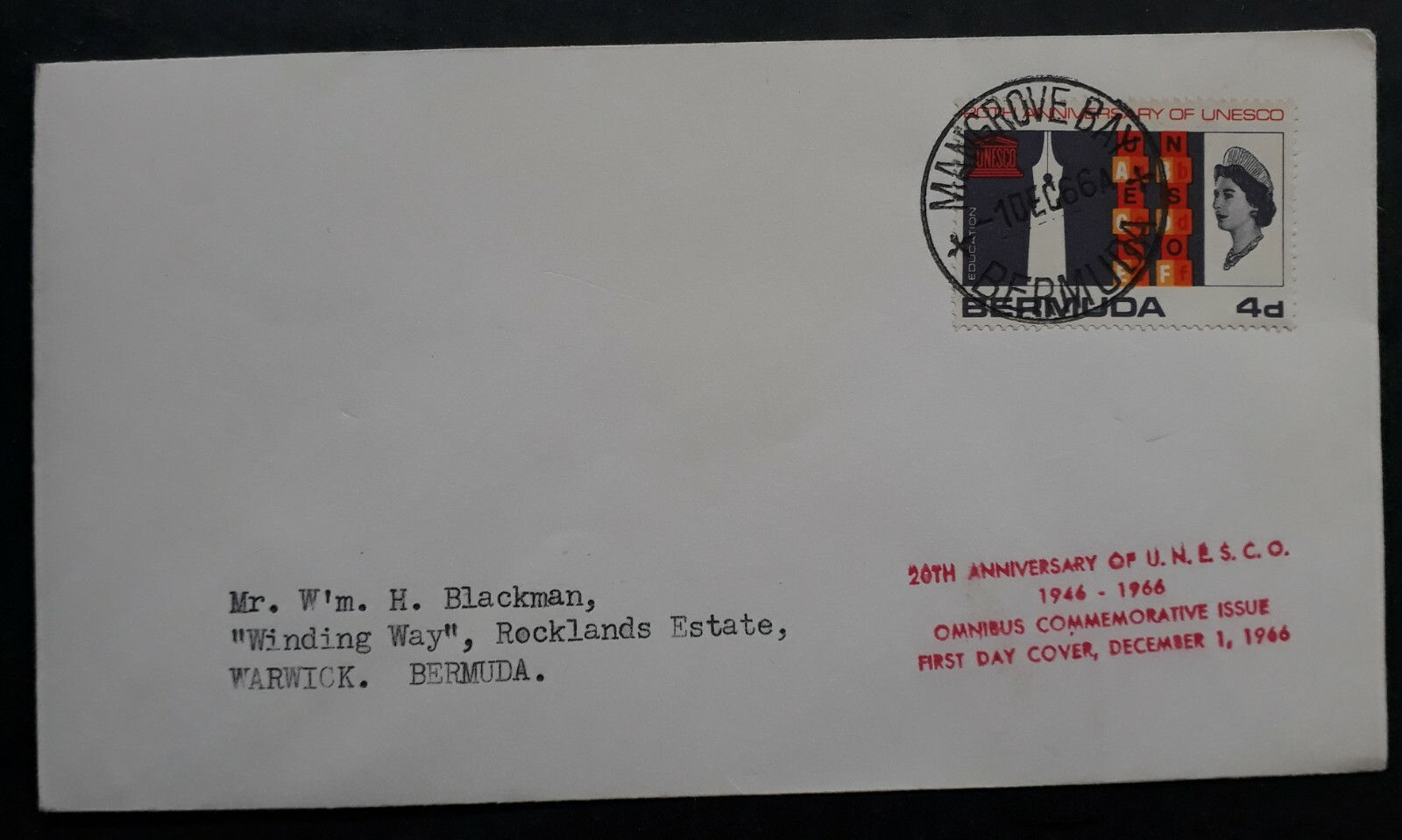 1966 Bermuda UNESCO 20th Anniversary FDC ties 4d Stamp cd Mangrove Bay