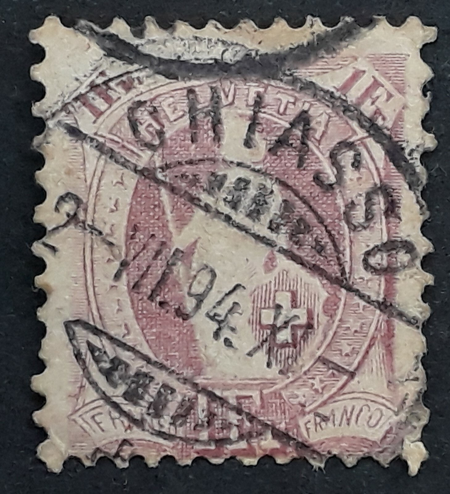 1894 Switzerland 1Fr lilac Helvetia stamp with Chiasso cancel