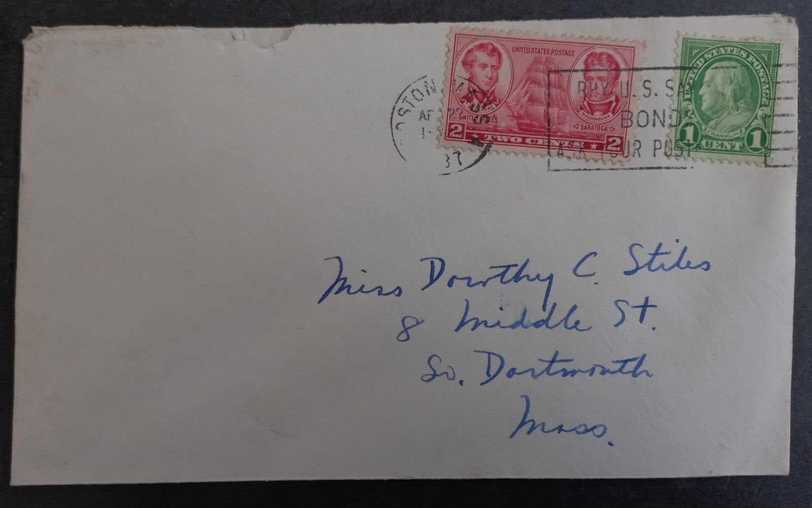 1937 United States Cover ties 2 stamps cd Boston, Mass-So. Dartmouth