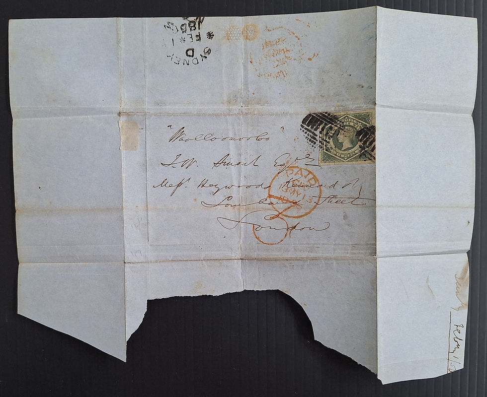Thumbnail: 1856 NSW Australia outer ties 6d Slate Green imp Large Diadem stamp Sydney to UK