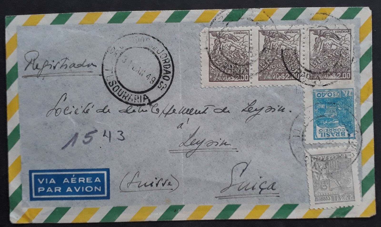 SCARCE 1949 Brazil Airmail Cover ties 5 stamps cancelled Campos do Jordão