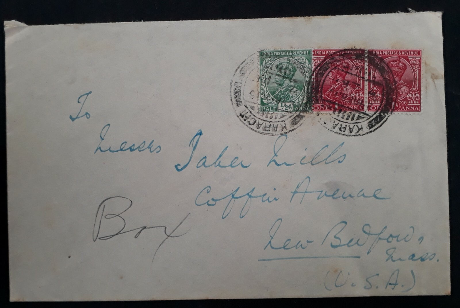 1939 India Cover ties 3 KGVI stamps cancelled Karachi to USA