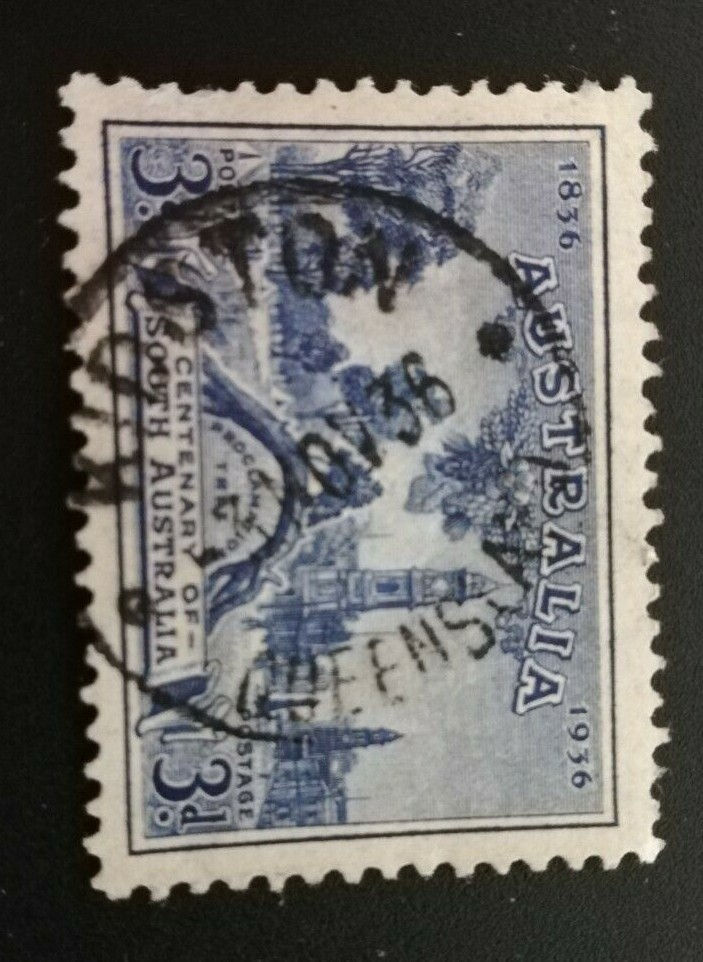 Thumbnail: 1936 Australia 3d Blue Centenary of S.A. Stamp Used- KIDSTON QUEENSLAND Postmark