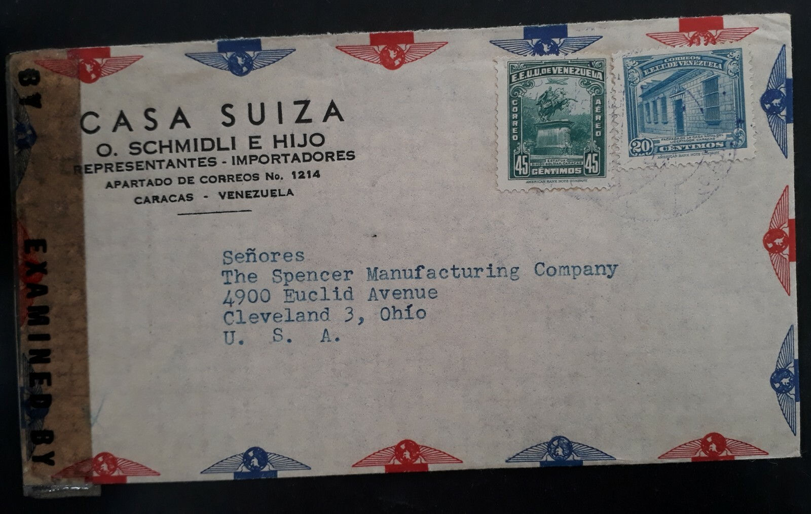 c. 1940 Venezuela Airmail Censor Cover ties 2 stamps cancelled Caracas to USA