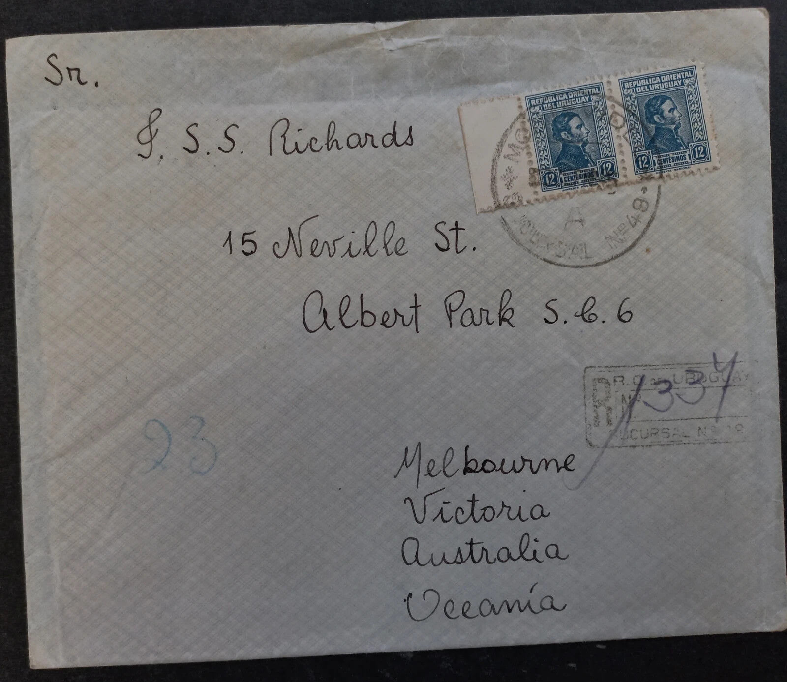 SCARCE 1945 Uruguay Registd Cover ties 2 stamps Montevideo to Australia