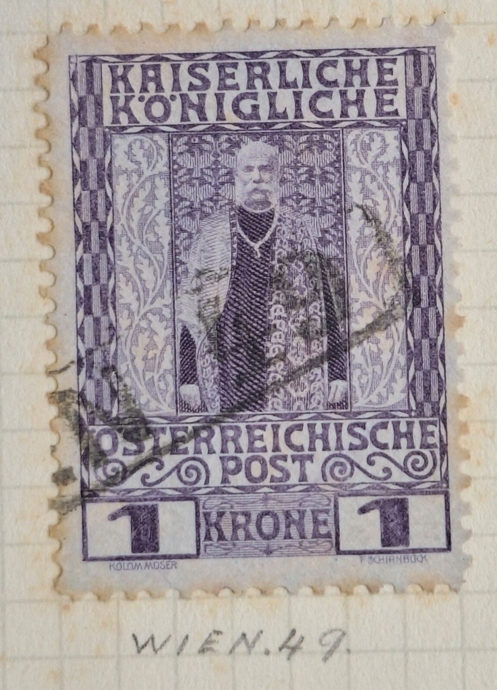 c. 1908 Austria 1Kr Franz Josef I Commemoration Stamp cd Wien 49