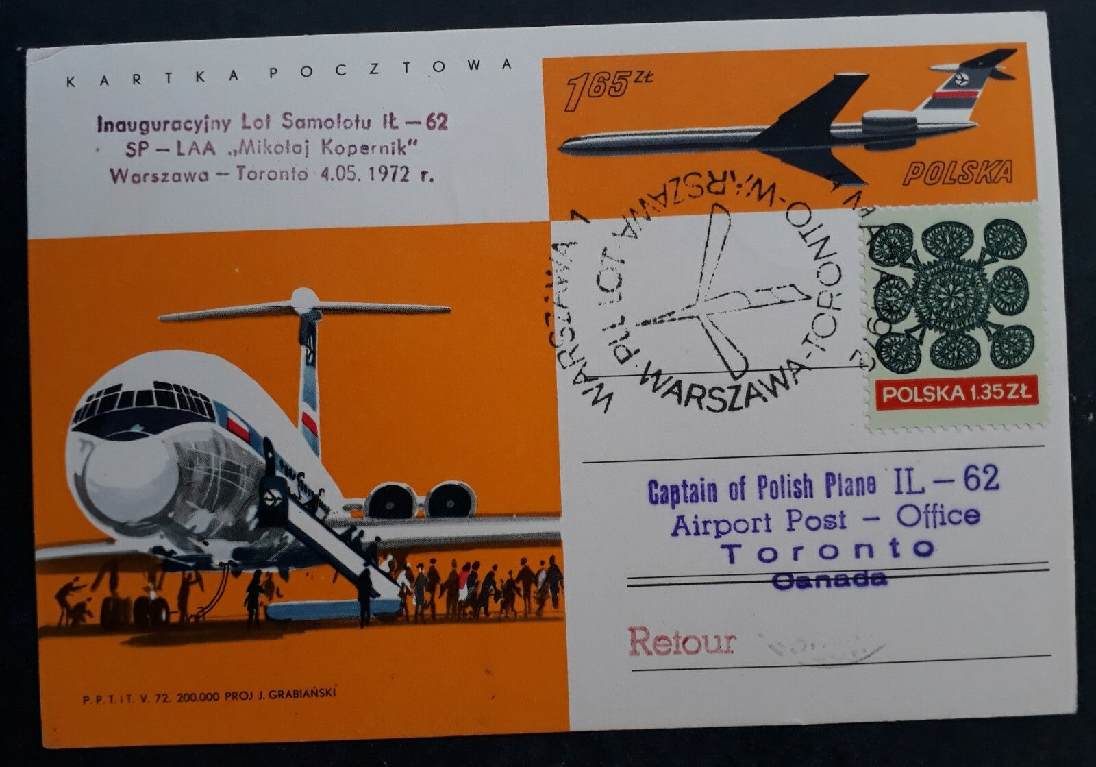 1972 Poland Flight Cover Warsaw to Toronto on "Mikolaj Kopernik" ties 2 stamps