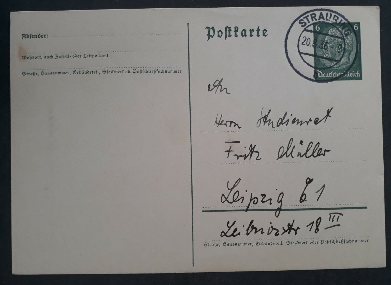 1936 Germany 6 Pfg Stamped Postcard cancelled Straubing to Leipzig