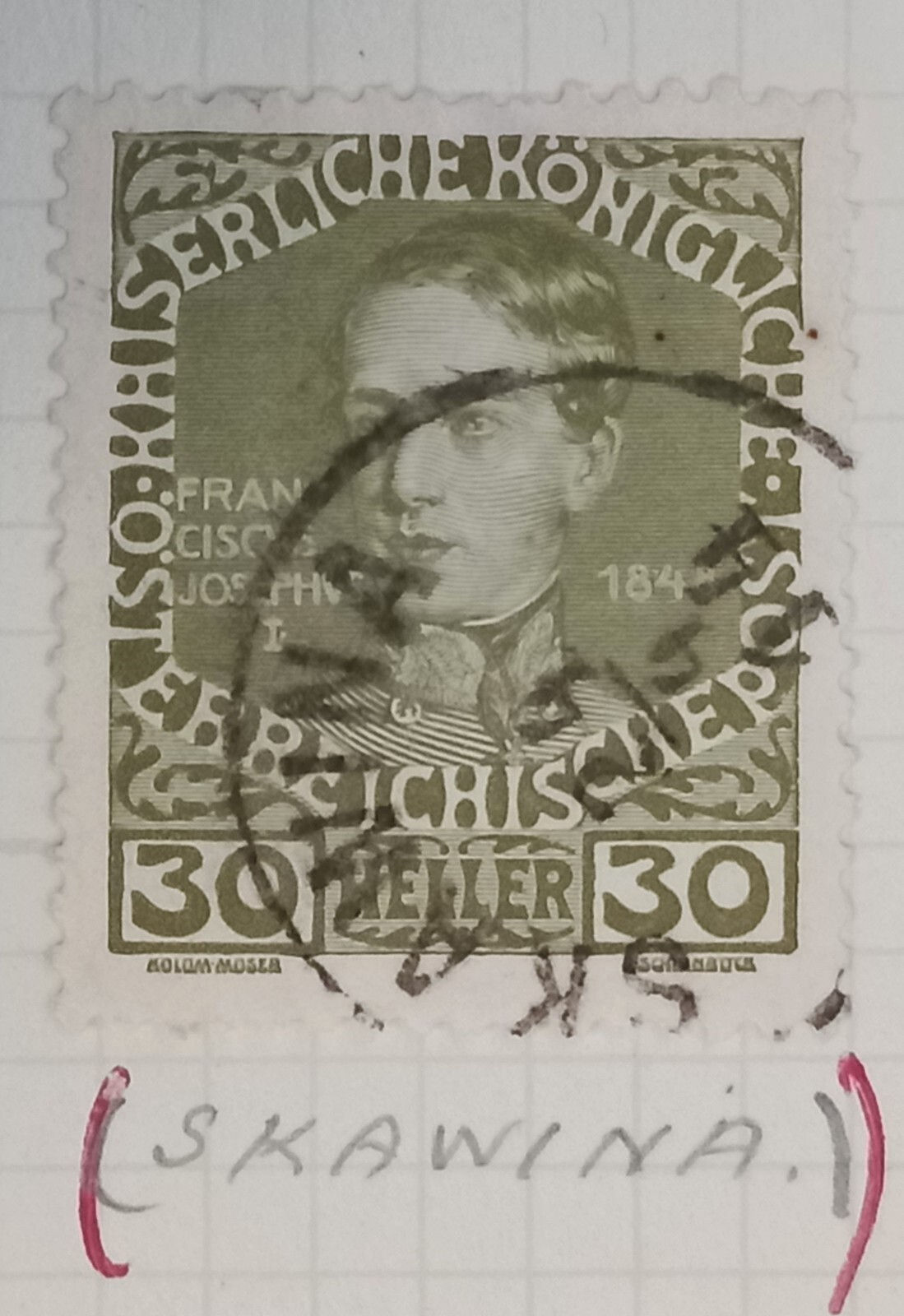 1914 Austria 30H Franz Josef I Commemorative Stamp cd Skawina