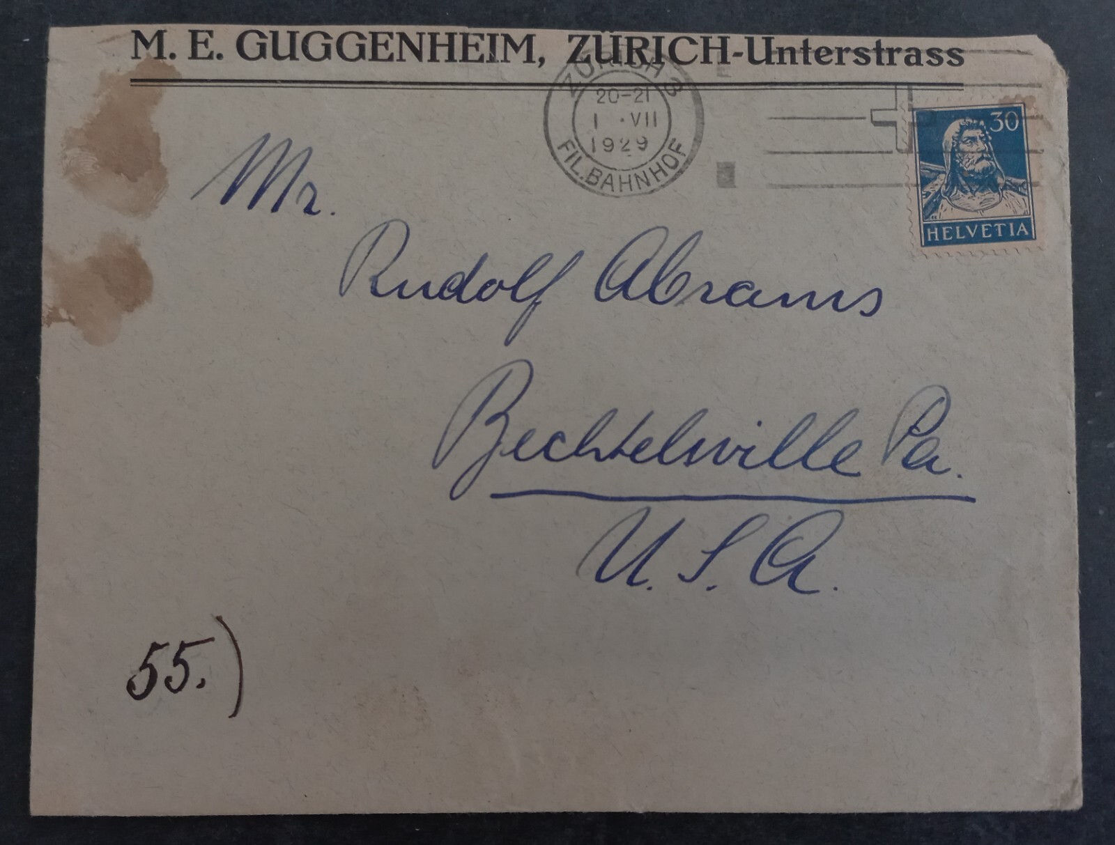 1929 Switzerland Cover ties 30c Stamp cd Zurich-Bechtelsville, PA