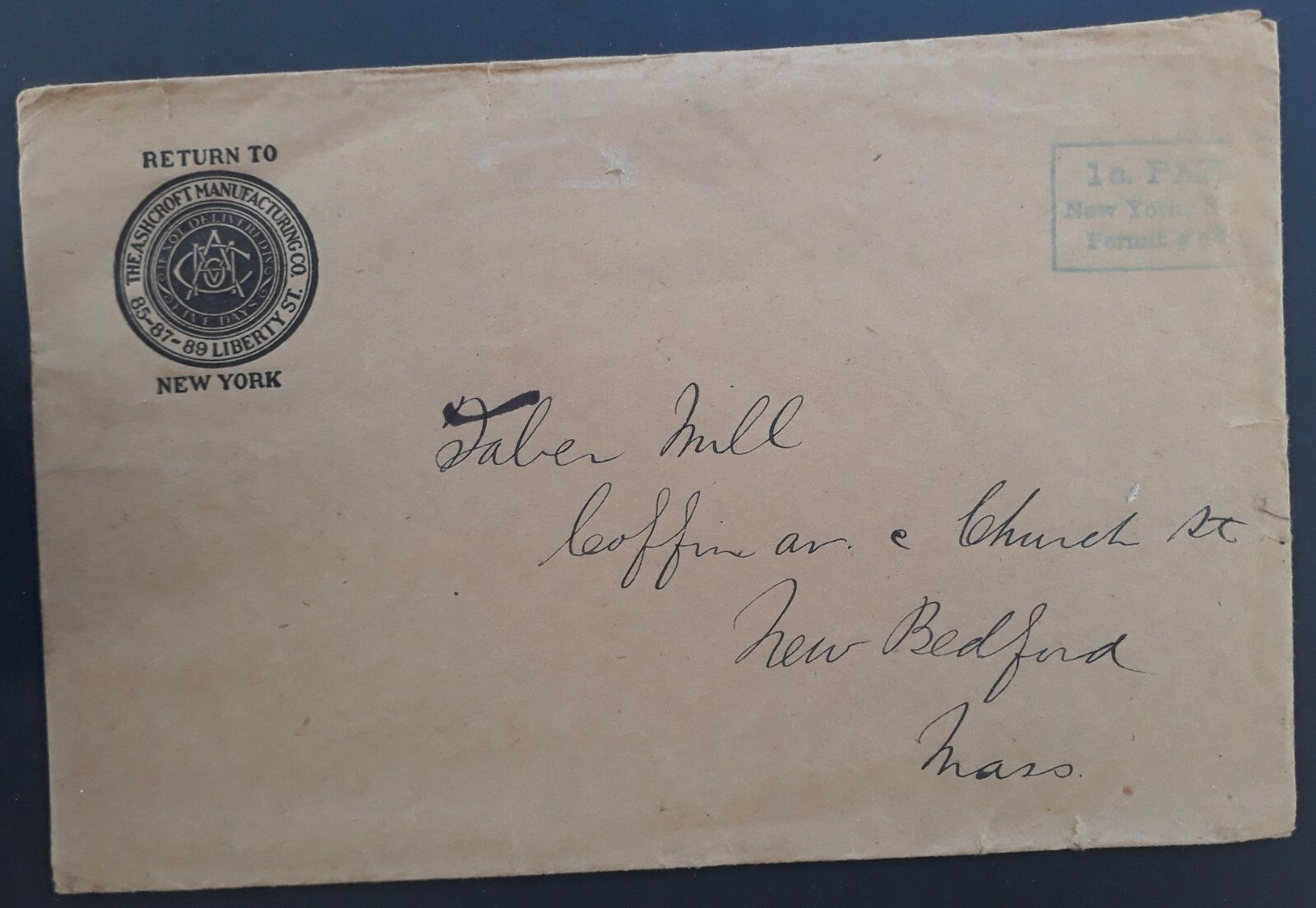 Undated United States Ashcroft Manufacturing Co Cover with 1c Paid cds