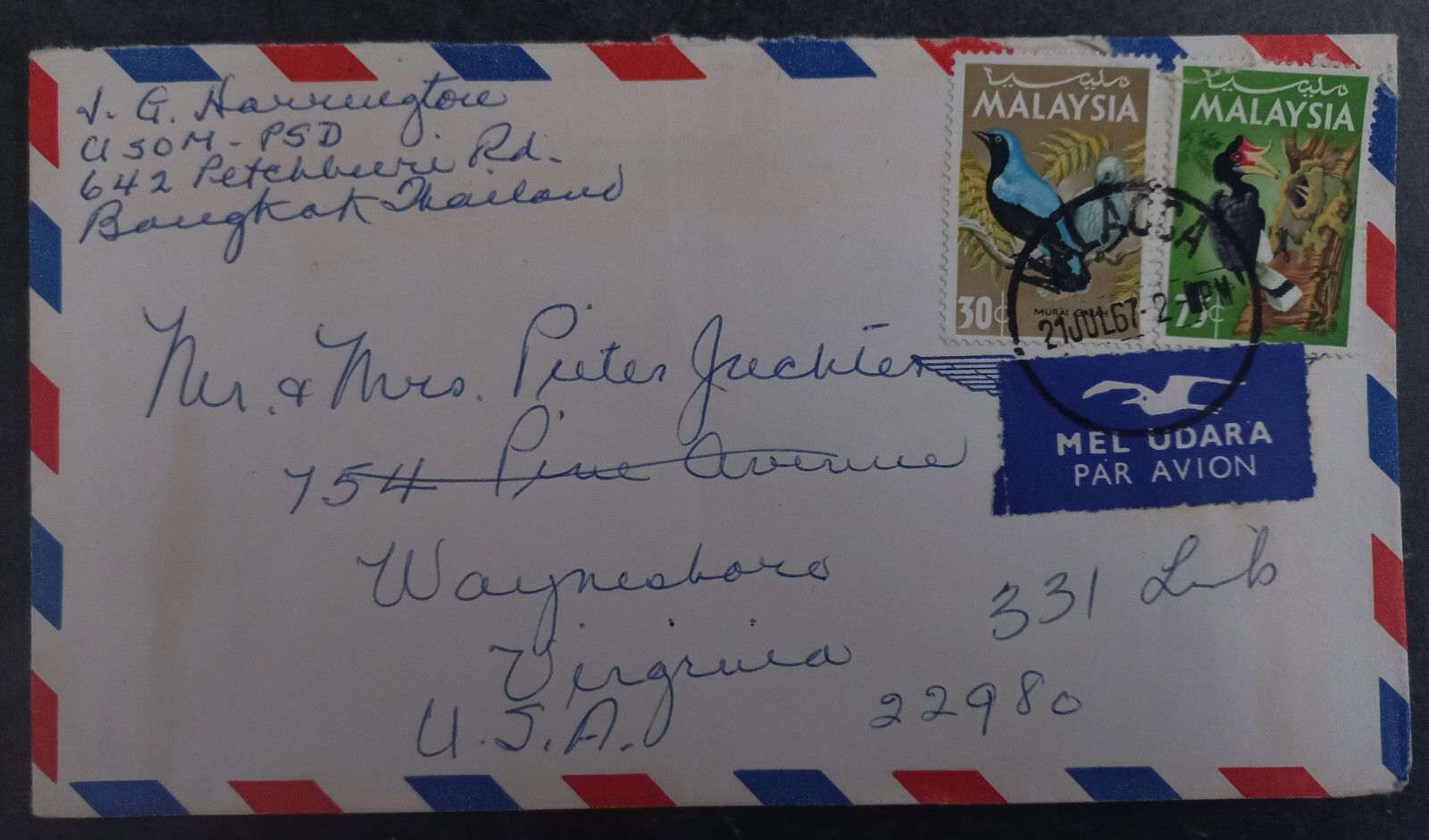 1967 Malaysia Airmail Cover ties 2 stamps cd Malacca-Waynesboro