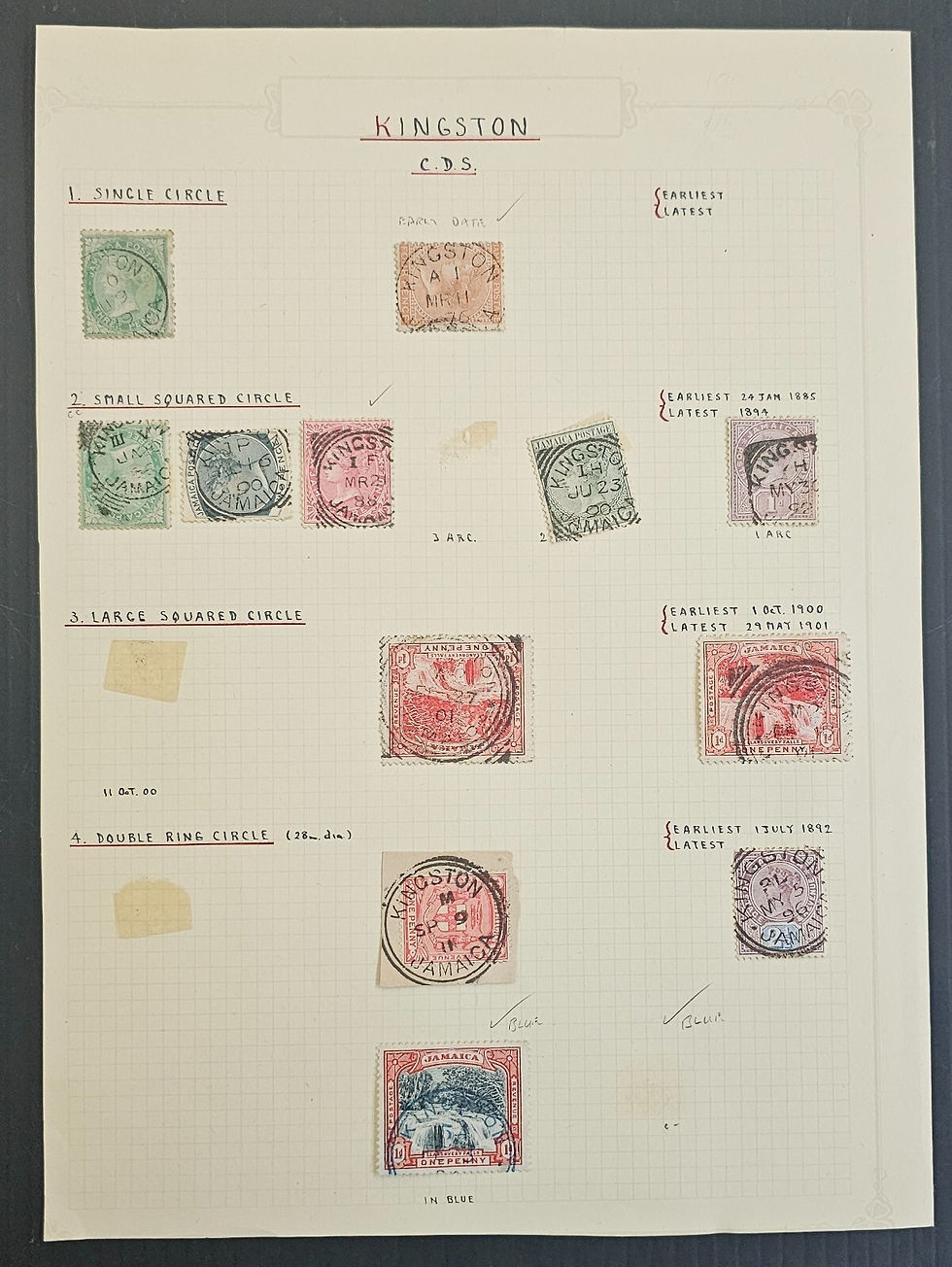Jamaica Sheet of Various Stamps and early Kingston cds ties 12 stamps
