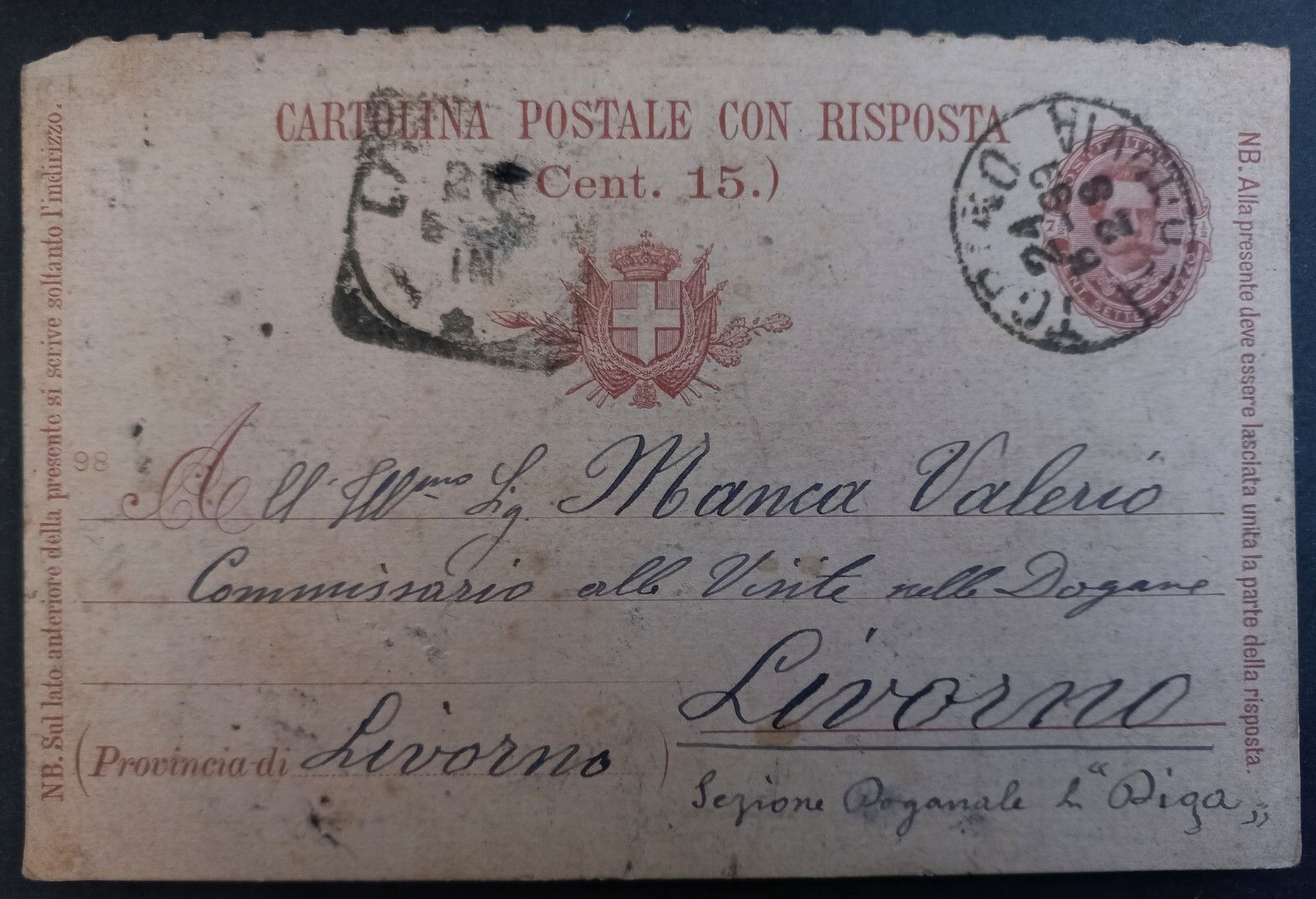 1899 Italy 7.5c stamped Postcard cd Torino-Livorno