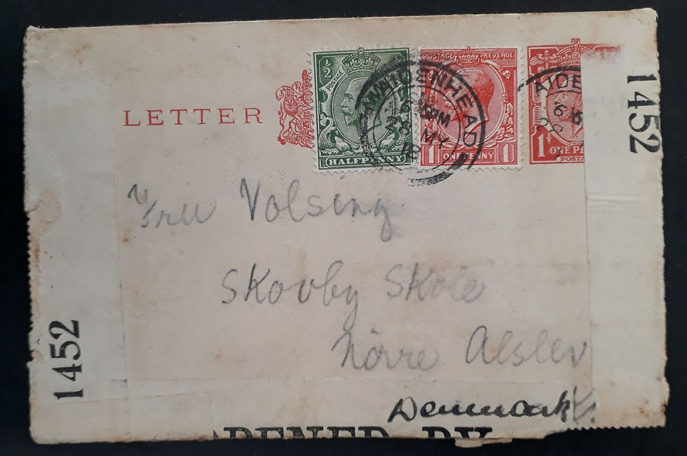 1918 Great Britain pre-stamped Censor Lettercard w extra 2 stamps to Denmark