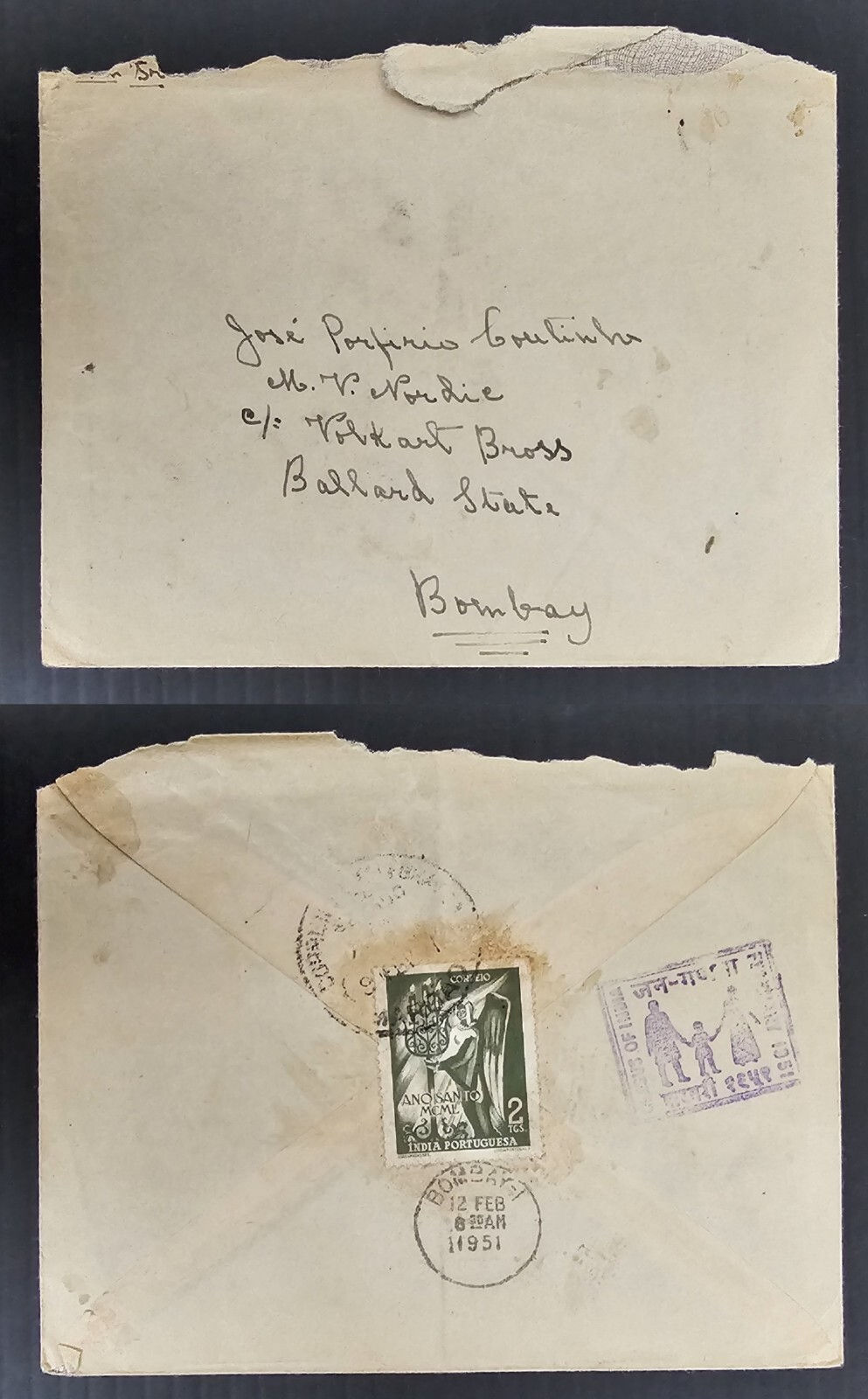 1951 Portugese India Cover ties 2T stamp cd Madgaon-Bombay