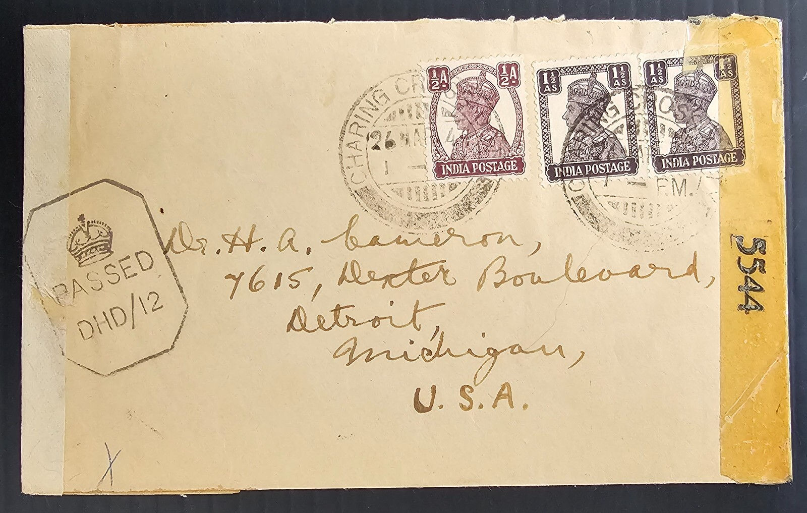 1944 India Censor Cover 3 Stamps cd Charing Cross Ooty-Detroit