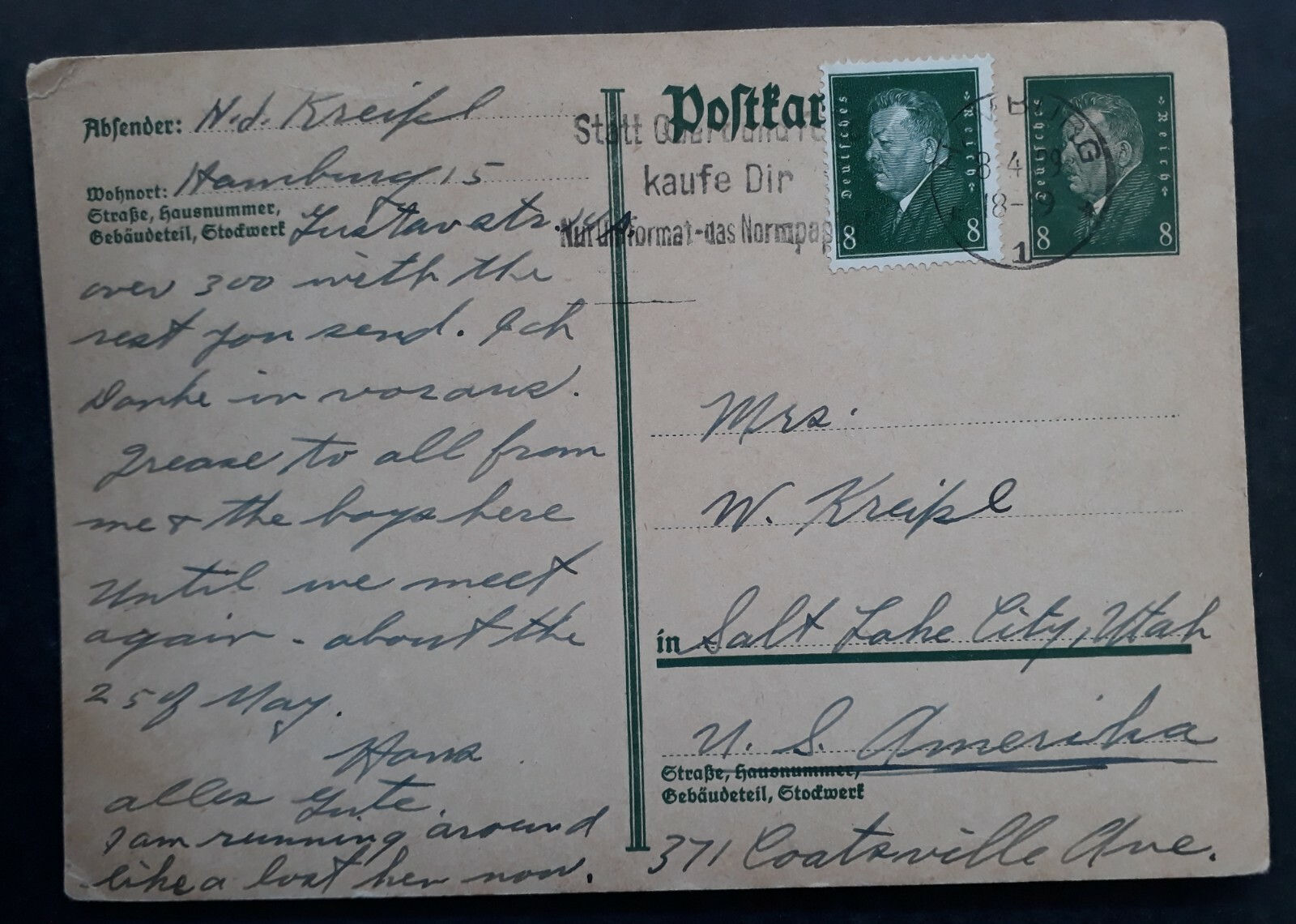 1929 Germany Postcard ties 2 stamps cd Hamburg to Salt Lake City