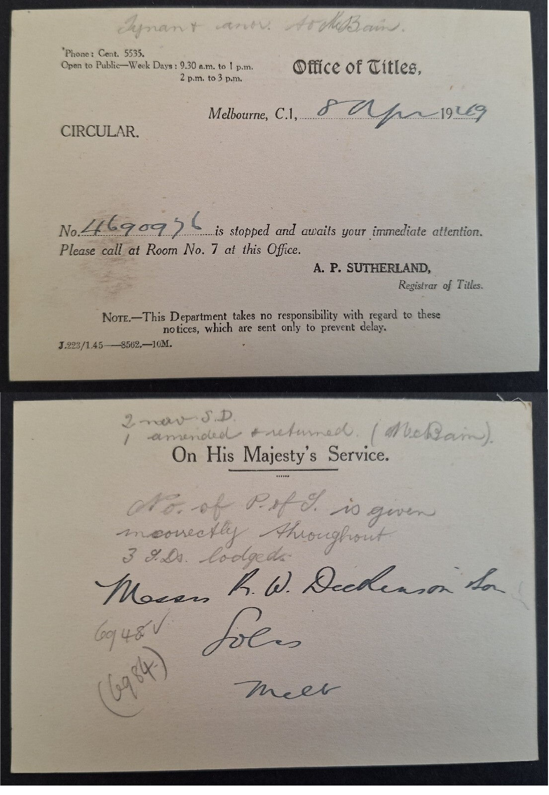 1949 Australia OHMS Office of Titles Preprinted Circular Postcard Used