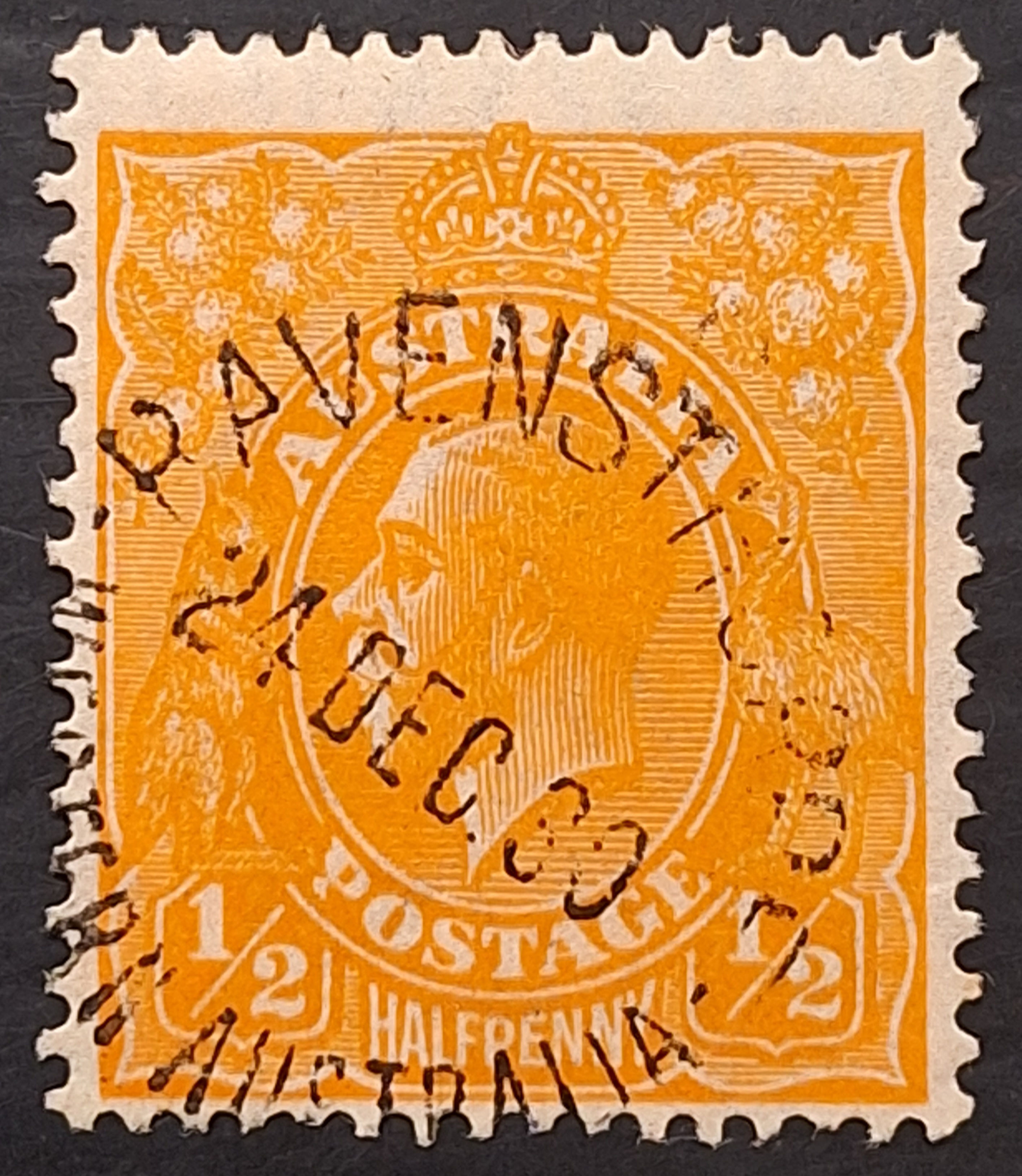 1928- Australia 1/2d Orange KGV stamp SMWMK Used RAVENSTHORPE West Aust PMK