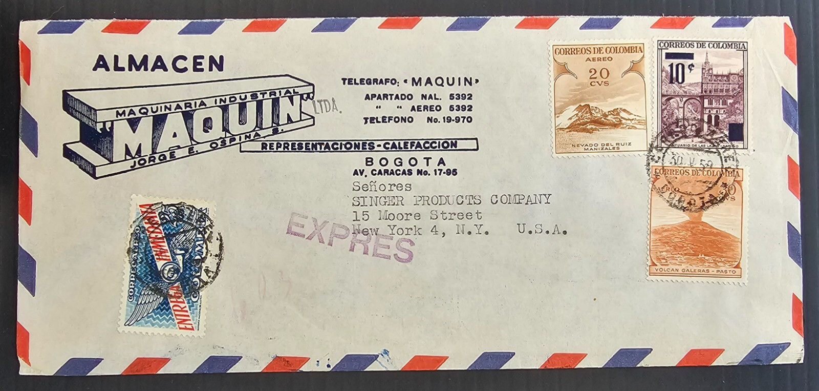 1959 Colombia Airmail Express Cover ties 4 stamps cd Bogota-New York