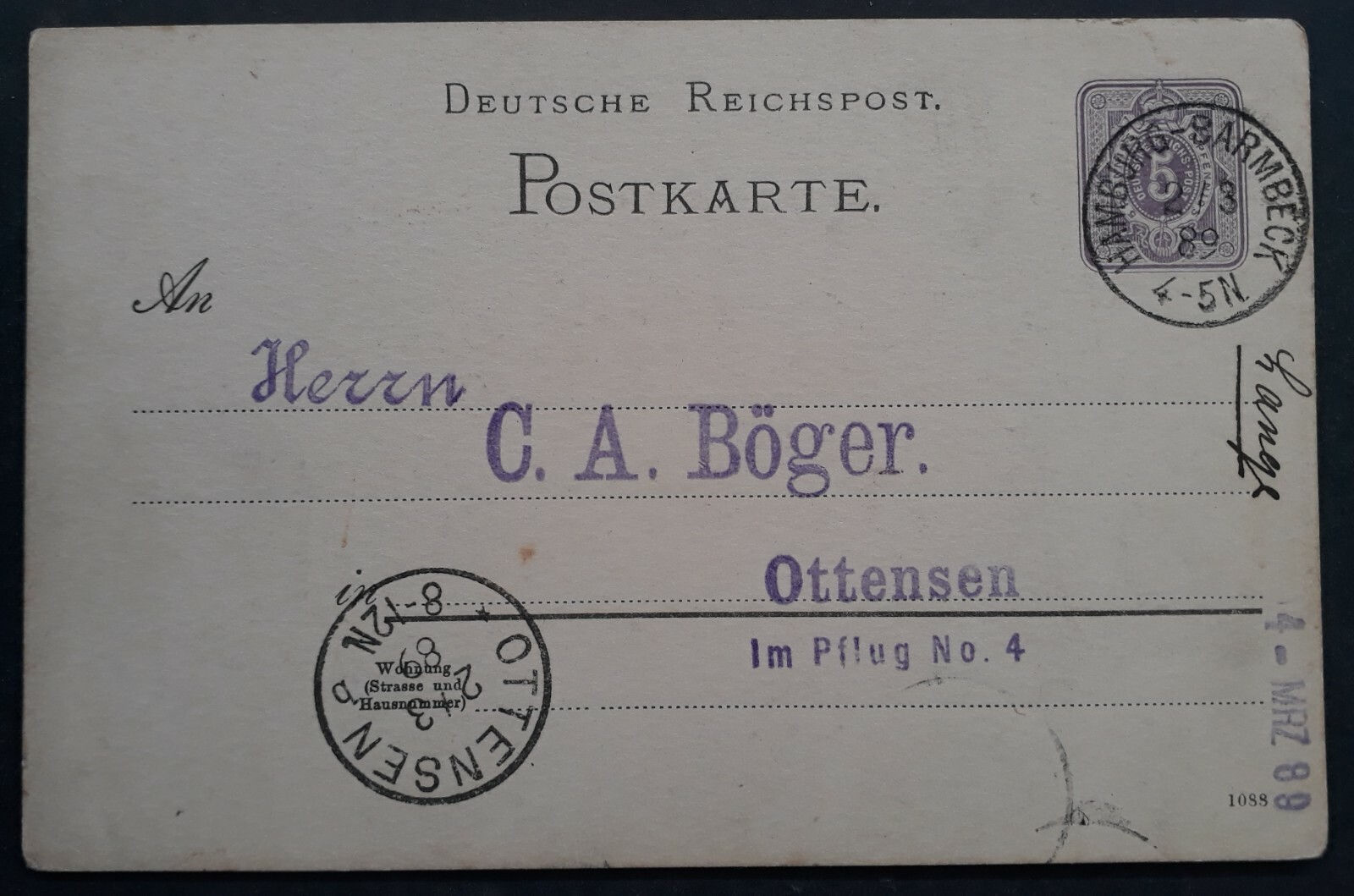1889 Germany 5 Pfg Stamped Postcard cancelled Hamburg-Barmbeck