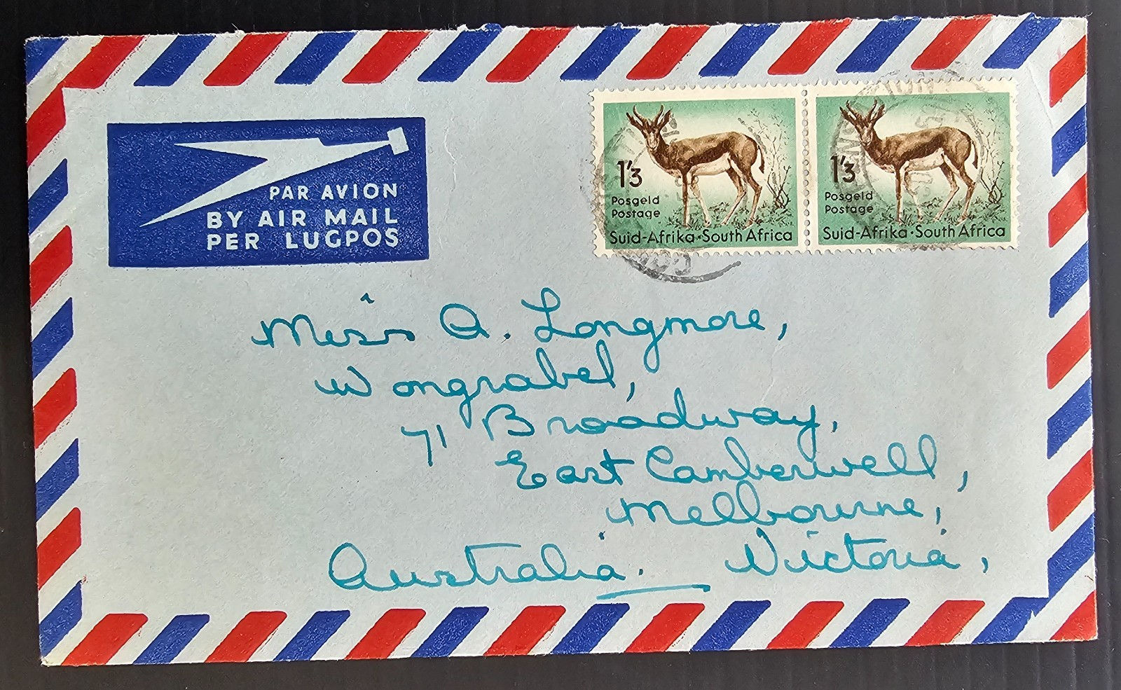 1955 South Africa Airmail Cover ties 2 stamps cd Compensation-Melbourne