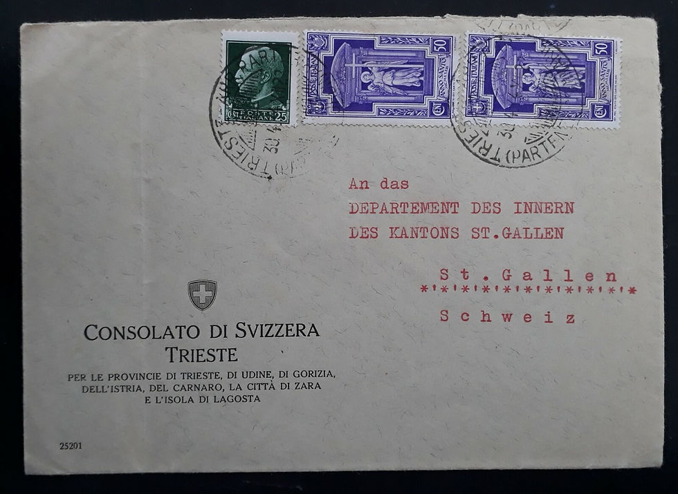 RARE 1944 Italy Swiss Consul Trieste Cover ties 3 stamps cancelled Trieste